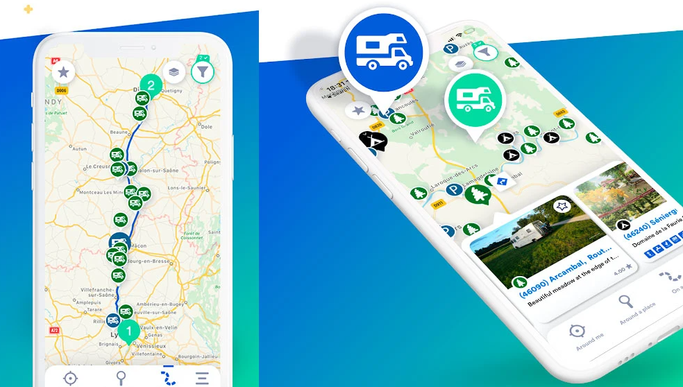 Interfejs aplikacji Park4Night z mapą i ikonami miejsc – ilustracja ekranu głównego aplikacji pokazująca ikonki lokalizacji noclegów i punktów usługowych dla kamperów (źródło: Braguscamp / Park4Night preview).