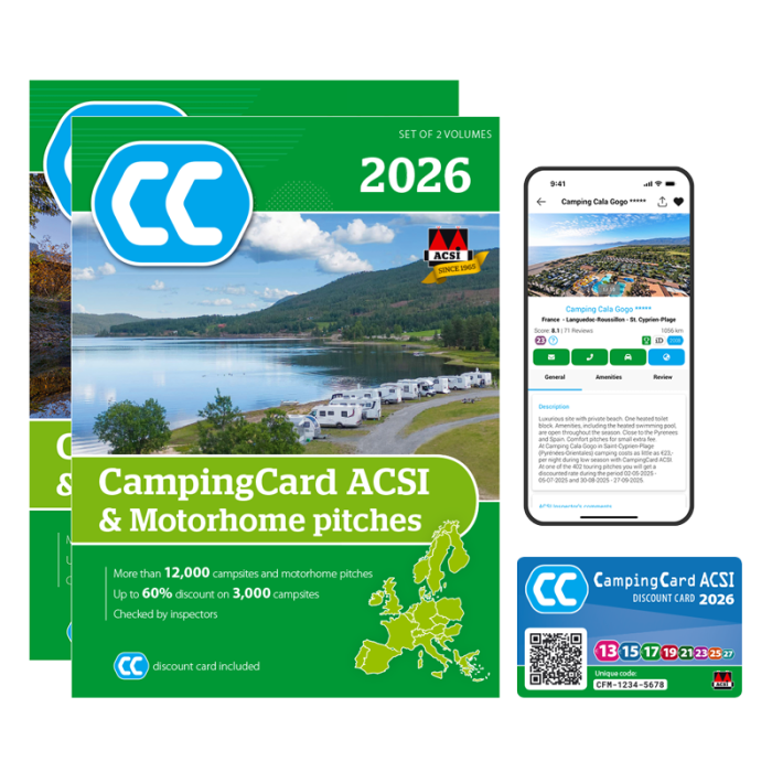 Okładki przewodników i karty CampingCard ACSI 2026 — zdjęcie z oficjalnego sklepu ACSI.